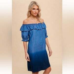 Hem & Thread Denim Blue Dip Dye Off Shoulder Dress Size Medium NWT
